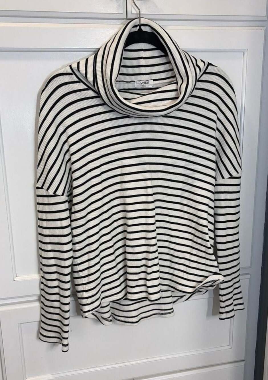 Nautical Coastal Voge Striped Waffle Knit Cowl Neck Top Fisherman Minimalist M